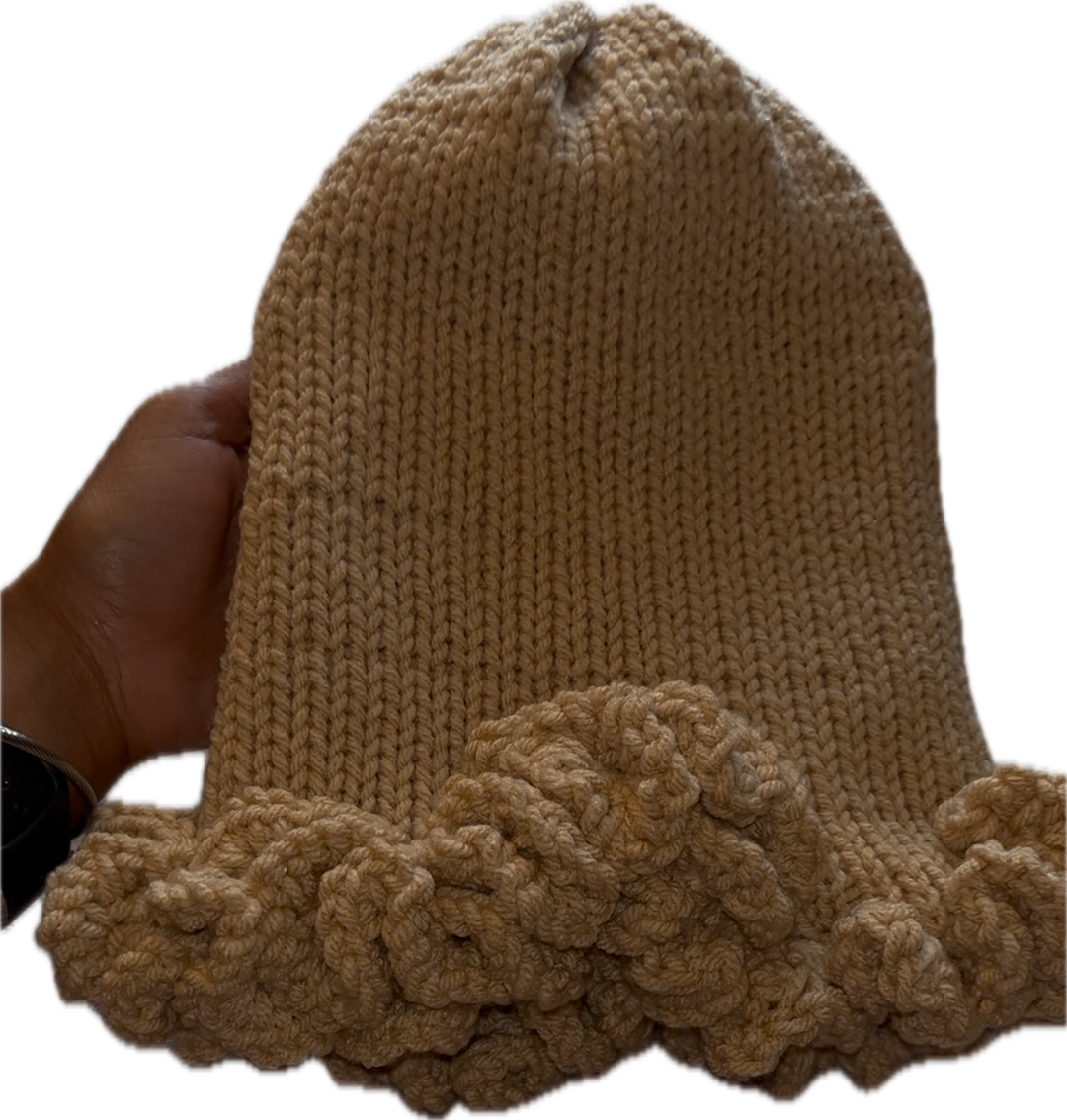 custom ALL tan ruffle beanie
